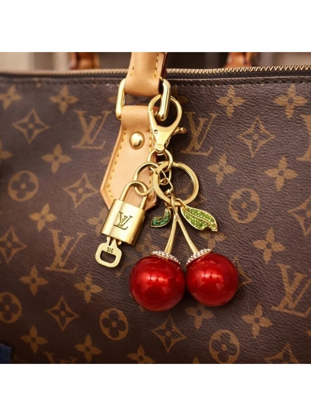 Authentic Louis Vuitton Lock & Key with unbranded Cherry Charm, Keycharm 031326